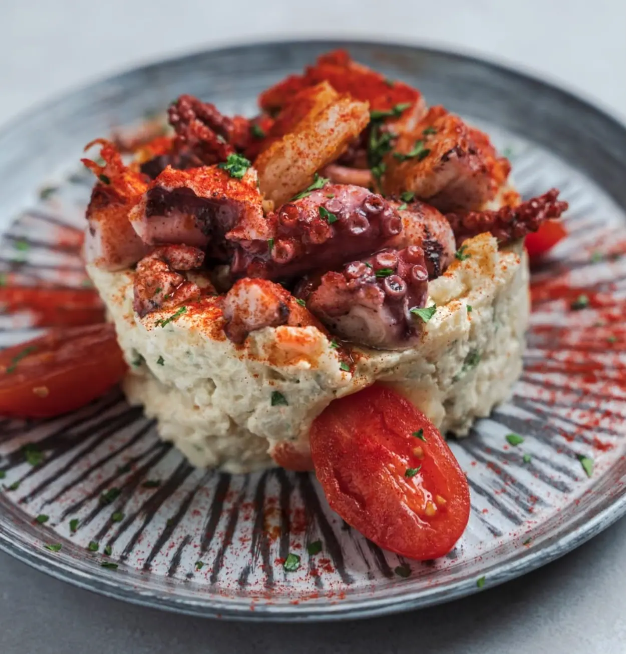 Pulpo con pimentón sobre una base de papa, con tomate y perejil, en plato de cerámica rayada