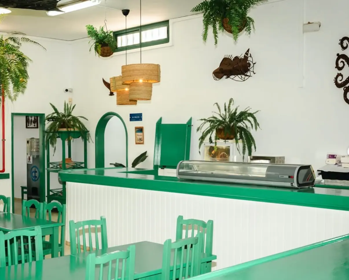 Comedor del Teleclub: mesas y sillas de madera pintadas de verde, barra verde y blanca, helechos colgados, lámparas de fibra y peces de hierro en la pared